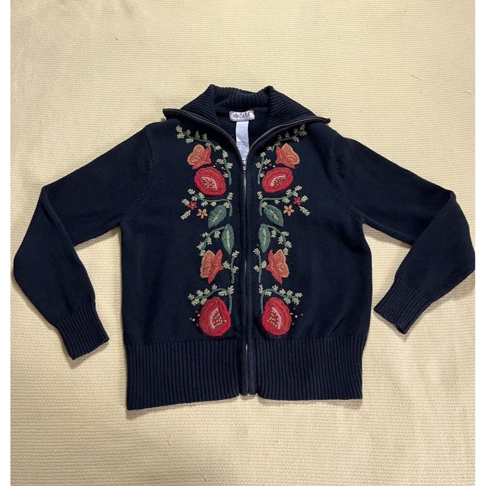Vintage Tiara International Zip Cardigan Medium Embroidered Granny Cottage Ramie